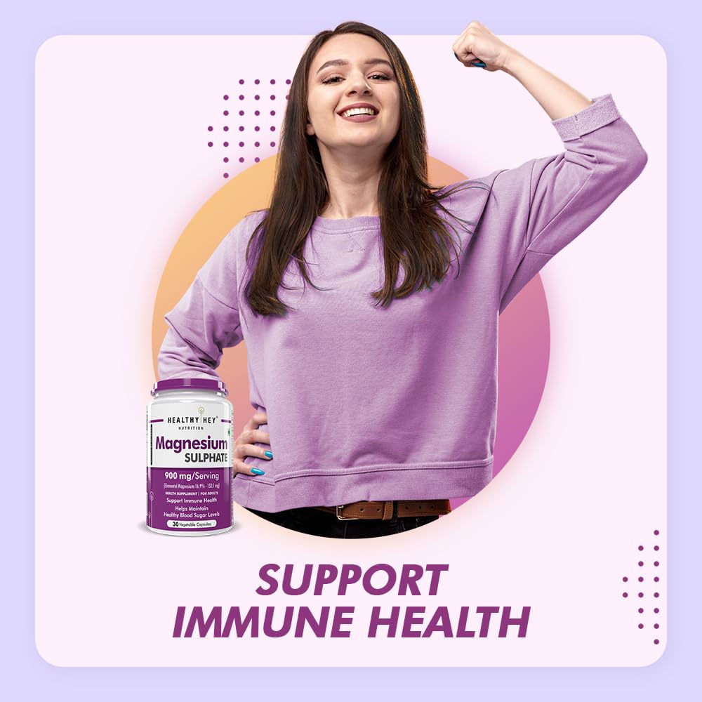 Woman holding a supplement bottle with text 'Support Immune Health' on a purple background