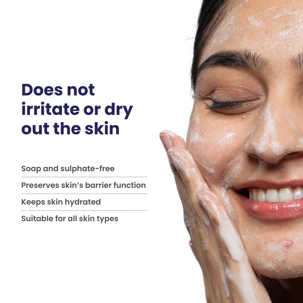 Woman applying a skincare product with text highlighting its benefits on a white background
