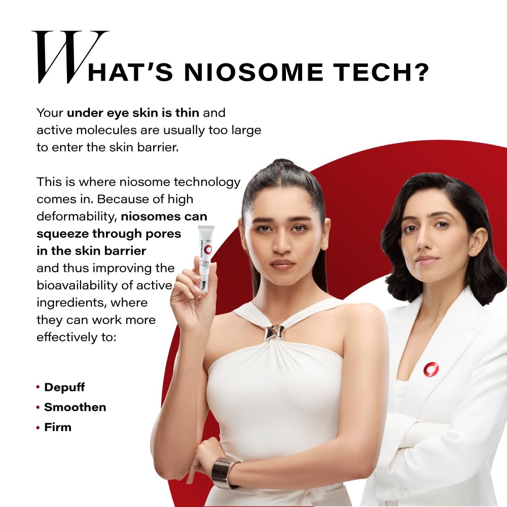 Woman holding a skincare product with text about niosome technology on a white background