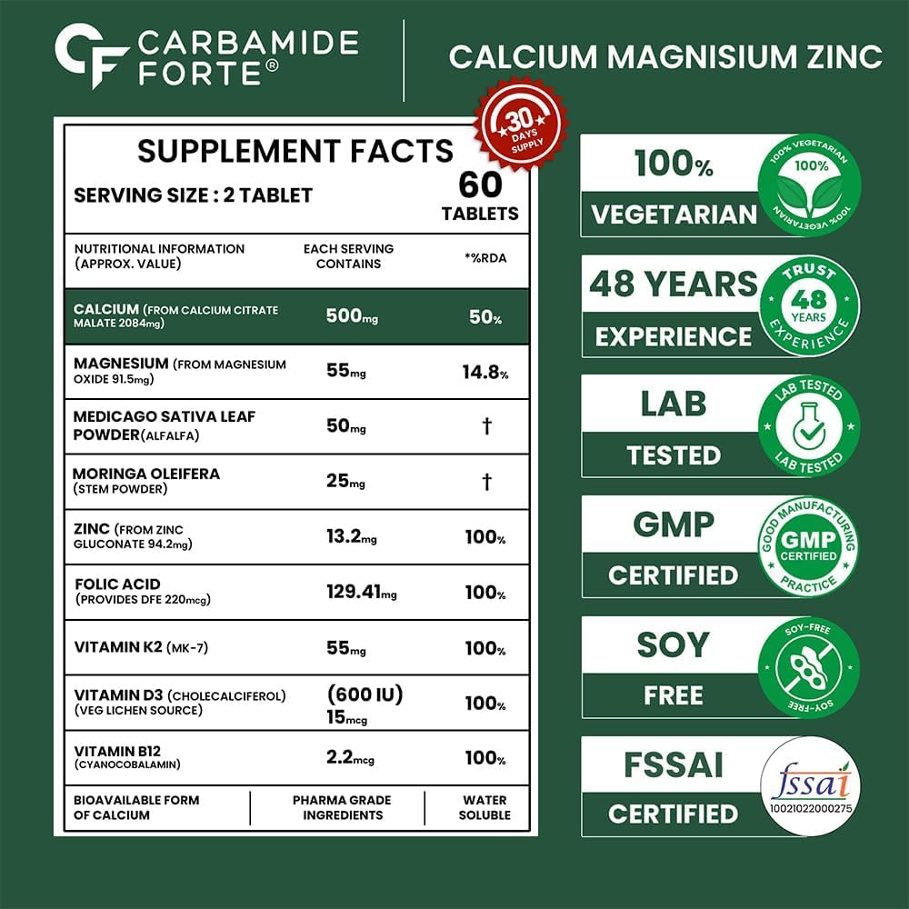 Carbamide Forte Calcium And Vitamin D3 Tablets | Calcium Tablet | Calcium Magnesium Zinc Supplement With Vitamin D3 + K2 MK7 To Support Bones health, Joints & Immunity - Veg 60 Tablets