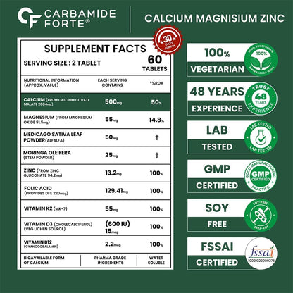 Carbamide Forte Calcium And Vitamin D3 Tablets | Calcium Tablet | Calcium Magnesium Zinc Supplement With Vitamin D3 + K2 MK7 To Support Bones health, Joints & Immunity - Veg 60 Tablets