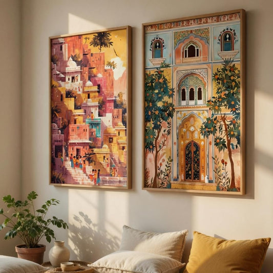 Indian Palace Architecture Wall Painting Set of 2 with Wooden Frames | Vintage Cityscape & Heritage Haveli Artwork HD Sparkle Laminated MDF Wall Decor for Living Room Bedroom Hallway