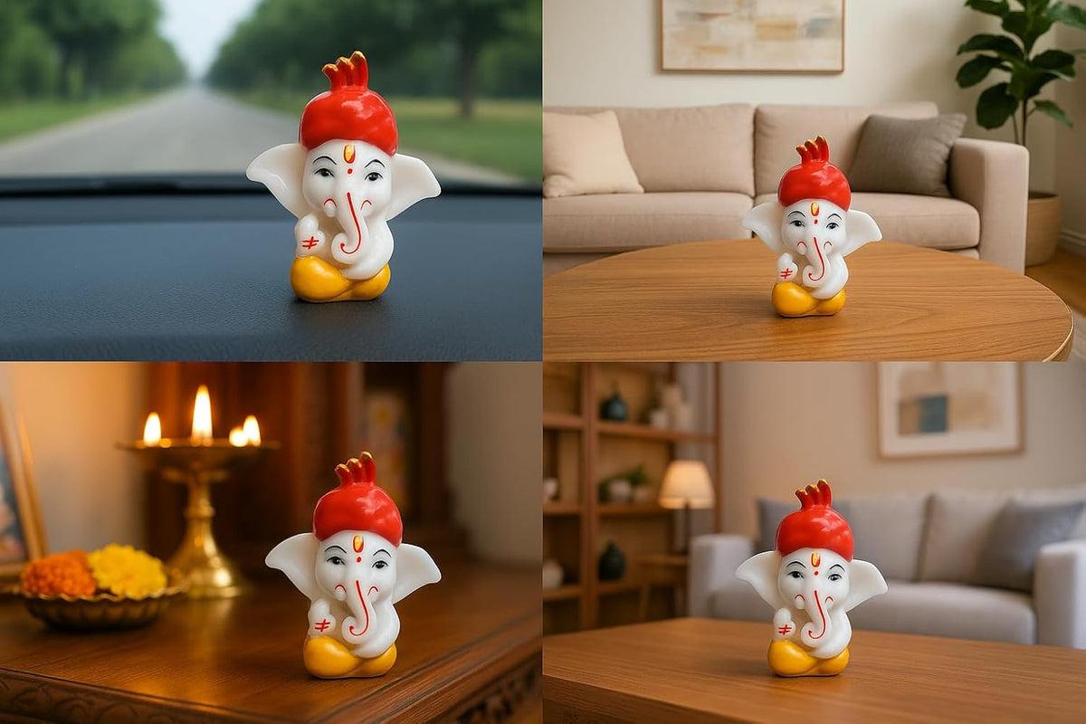 Pagadi Ganesha Lord Ganesh Idol, White and Red Resin Statue with Golden Crown, Decorative Religious Hindu Temple Pooja Room Home Office Car Dashboard Decor