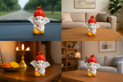 Pagadi Ganesha Lord Ganesh Idol, White and Red Resin Statue with Golden Crown, Decorative Religious Hindu Temple Pooja Room Home Office Car Dashboard Decor