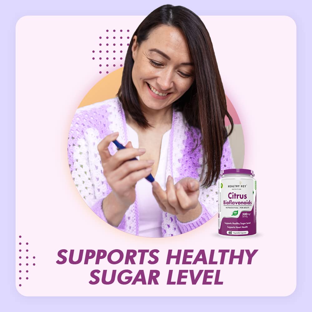 Woman holding a bottle labeled 'Healthy Diet Citrus Bioflavonoids' with text 'Supports Healthy Sugar Level' on a light purple background.