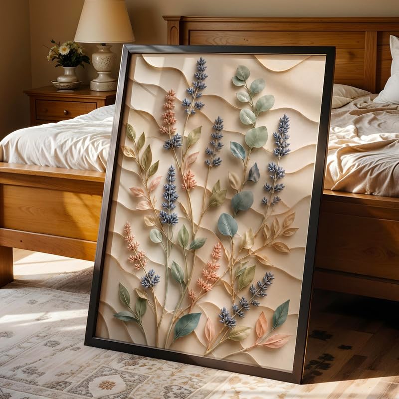 Floral Botanical Wall Painting with Frame | Premium Textured Flower & Leaf Artwork, Pastel Nature Wall Decor Framed for Living Room Bedroom Office and Home Decoration (Art-11,13x19inch)