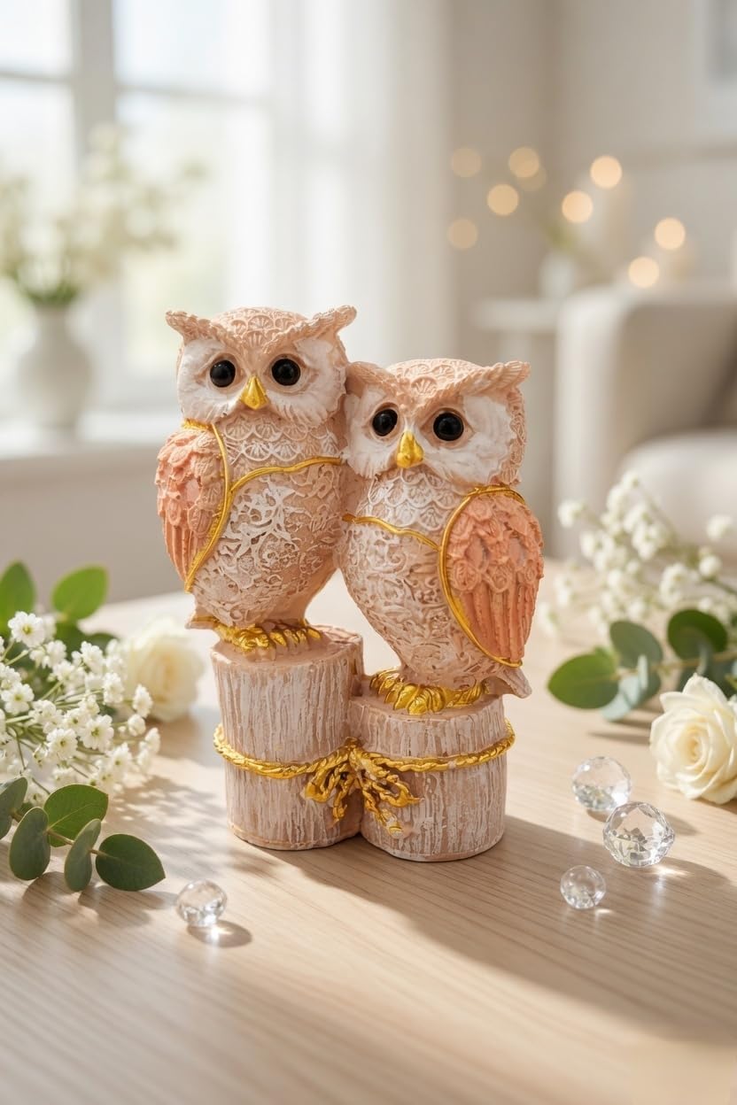 Owl Couple Figurine | Resin | Intricate Pattern Design | Tabletop Showpiece for Home, Office & Bedroom (Peach-White)