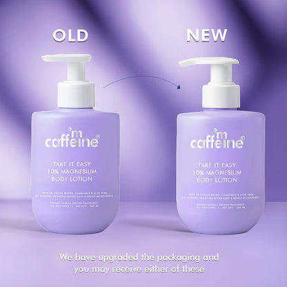 Two bottles of m caffeine body lotion with 'Old' and 'New' labels on a purple background.