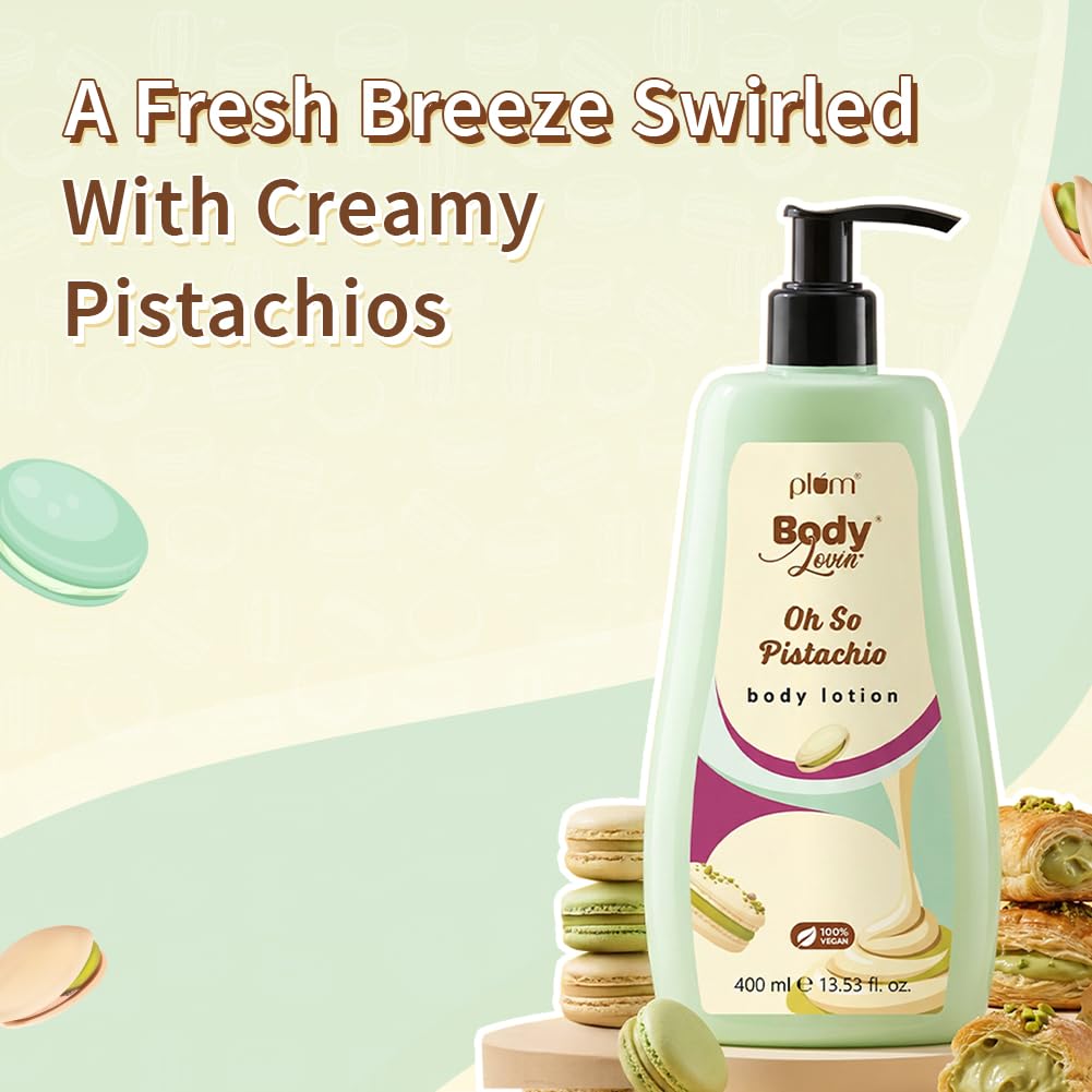 Plum BodyLovin’ Pistachio Body Lotion | Fresh Nutty Pistachio & Hazelnut Notes | Gel-Cream Formula with Aloe, Vitamin E & B5 | Deep Moisturization & Fast Absorption | Non - Greasy | For Dry–Very Dry Skin | 400 ml