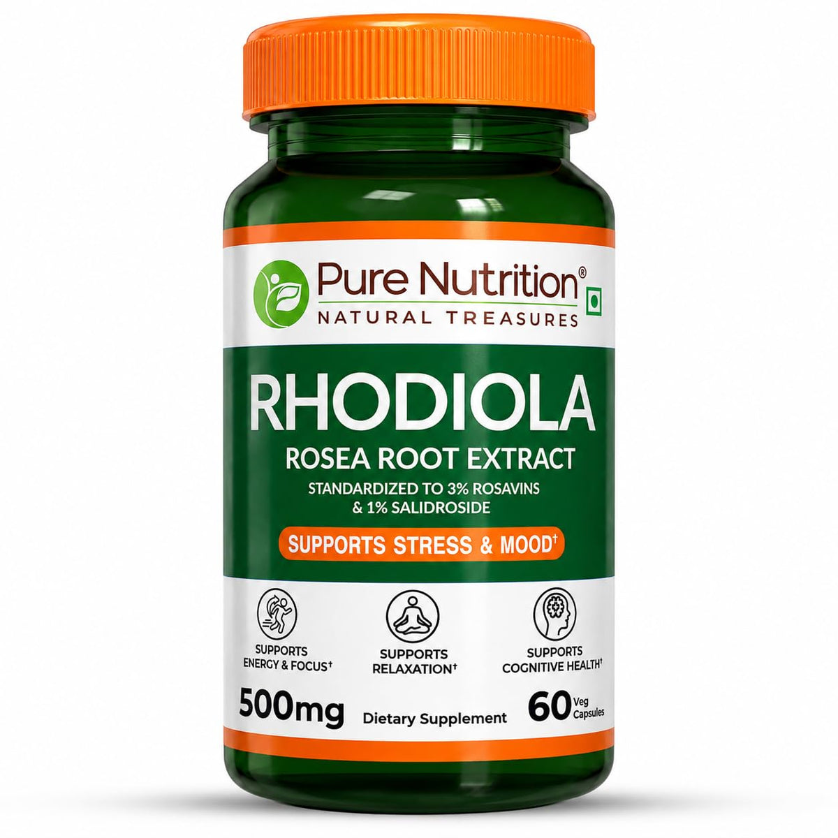 Pure Nutrition Rhodiola Rosea Root Extract (500mg) - 60 Veg Capsules | Standardized to 3% Rosavins & 1% Salidroside | Supports Energy, Focus, Relaxation & Cognitive Health