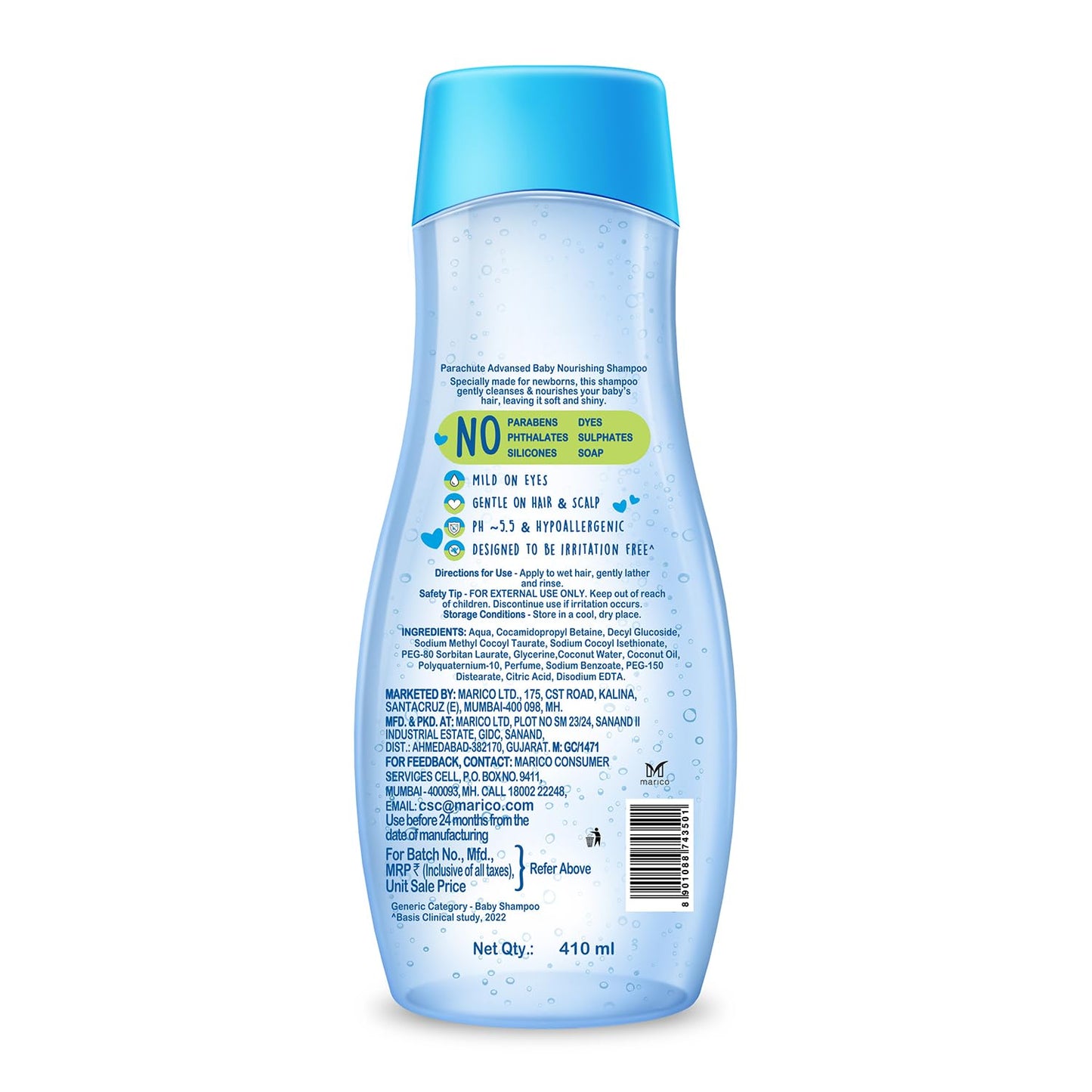 Blue bottle with a label on a white background