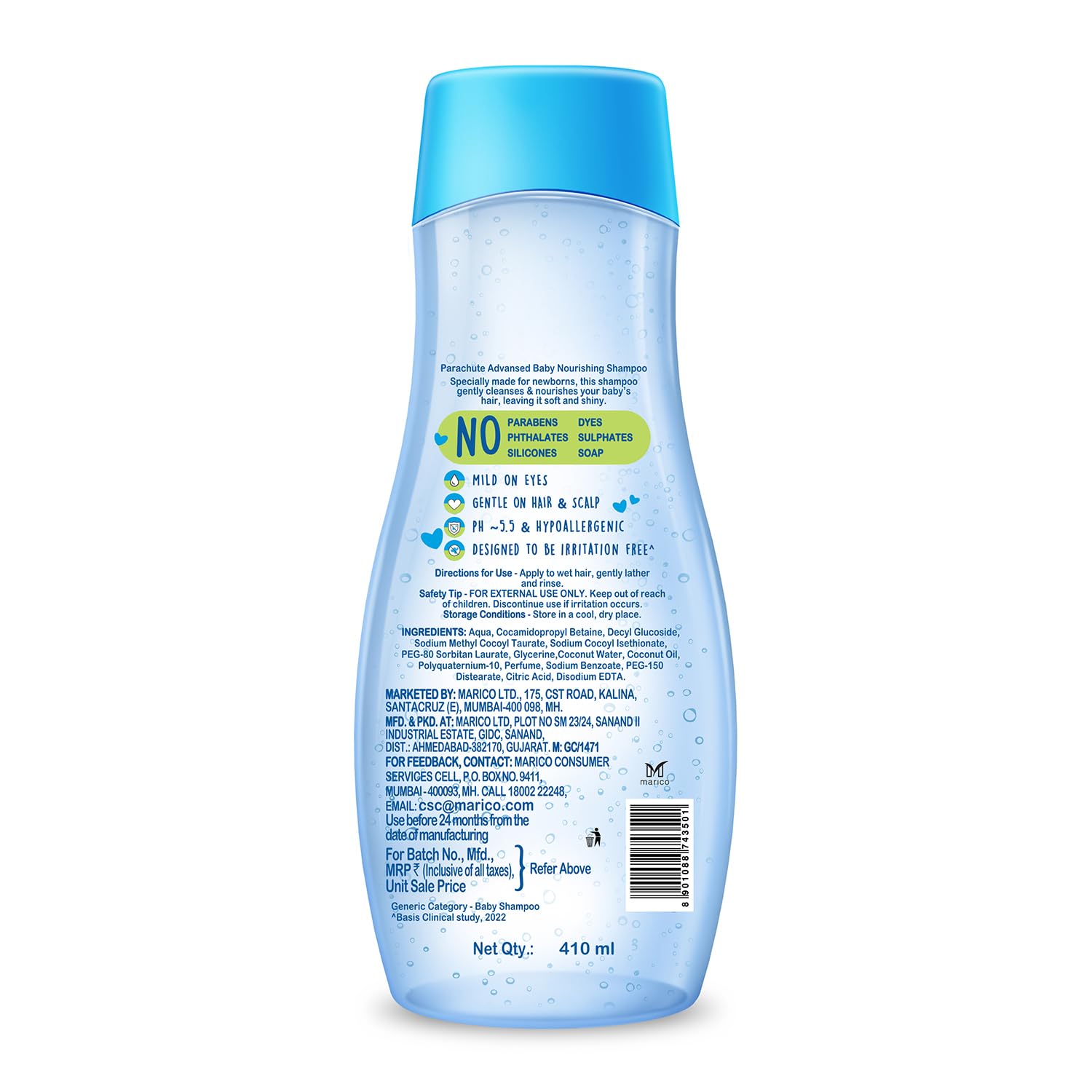 Blue bottle with a label on a white background