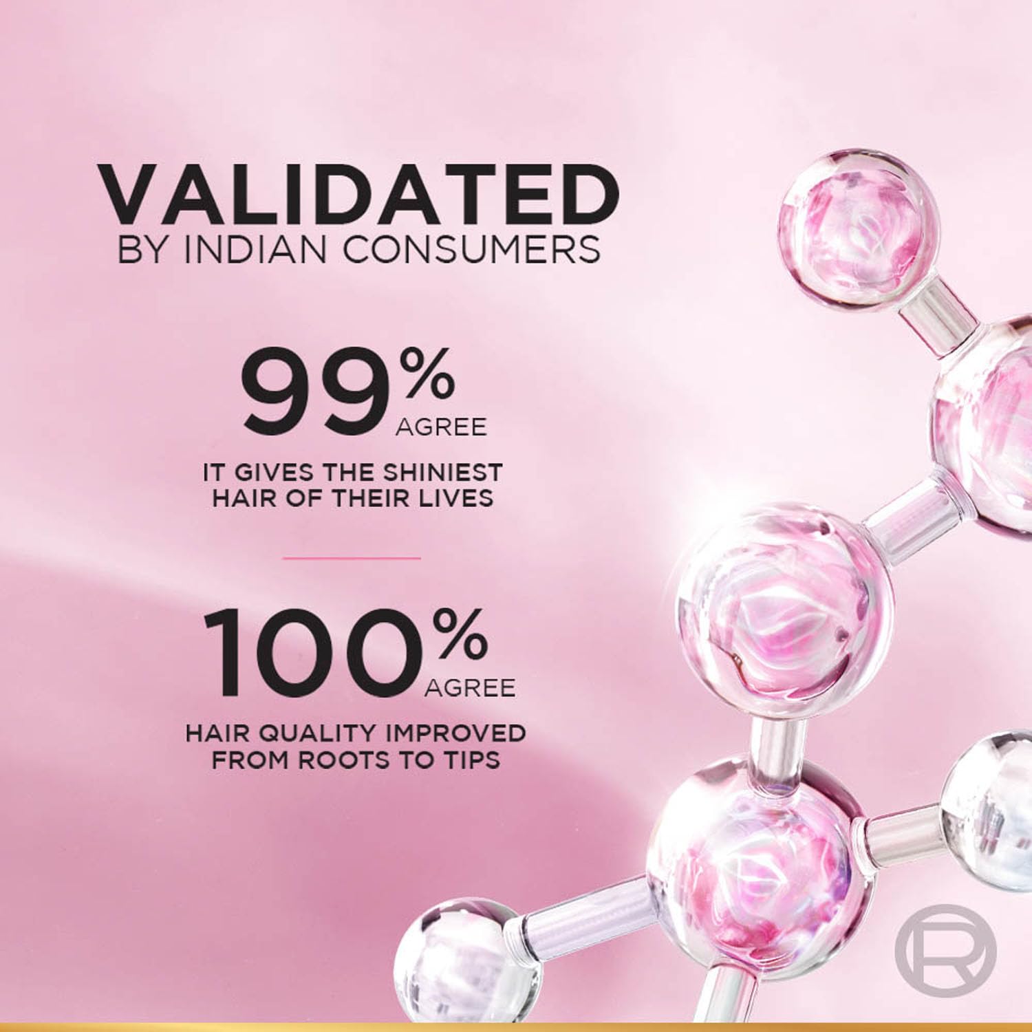 Advertisement with pink molecular structure on a pink background, featuring text about consumer validation.