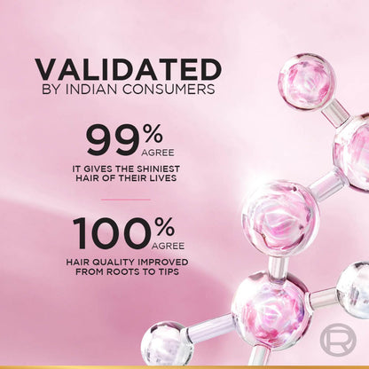 Advertisement with pink molecular structure on a pink background, featuring text about consumer validation.