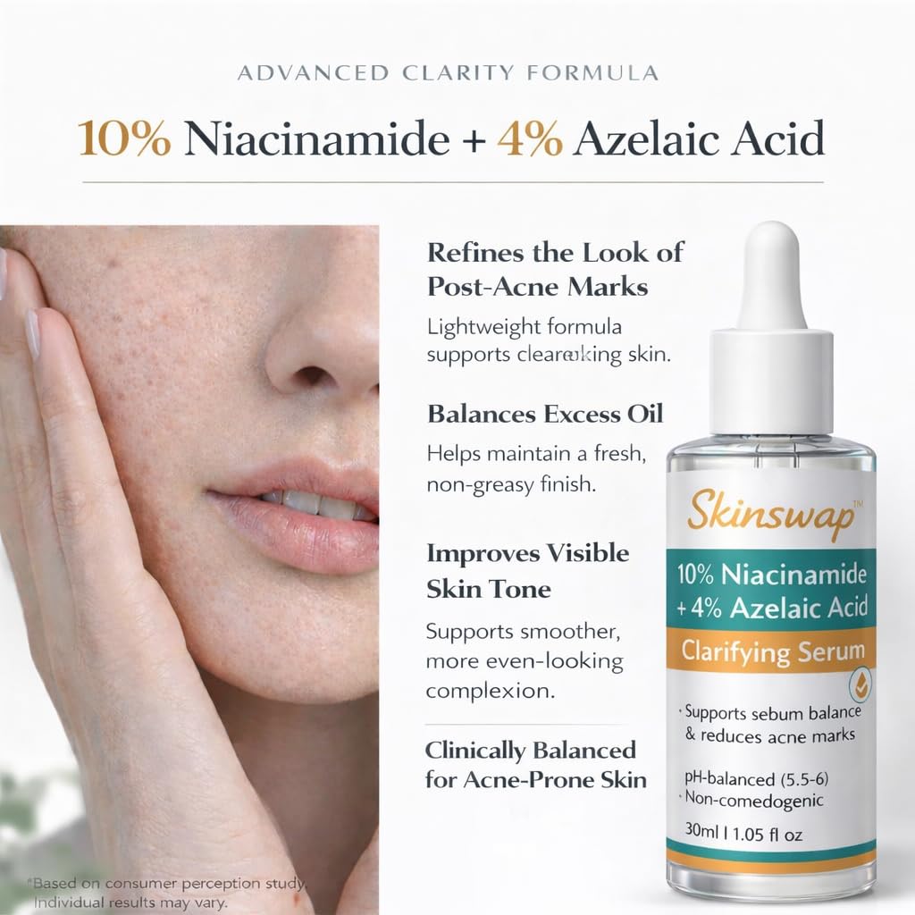 Skincare serum bottle with text about its benefits on a white background