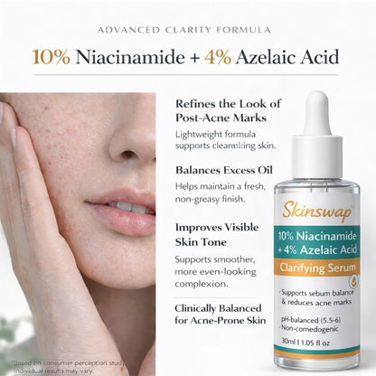 Skincare serum bottle with text about its benefits on a white background