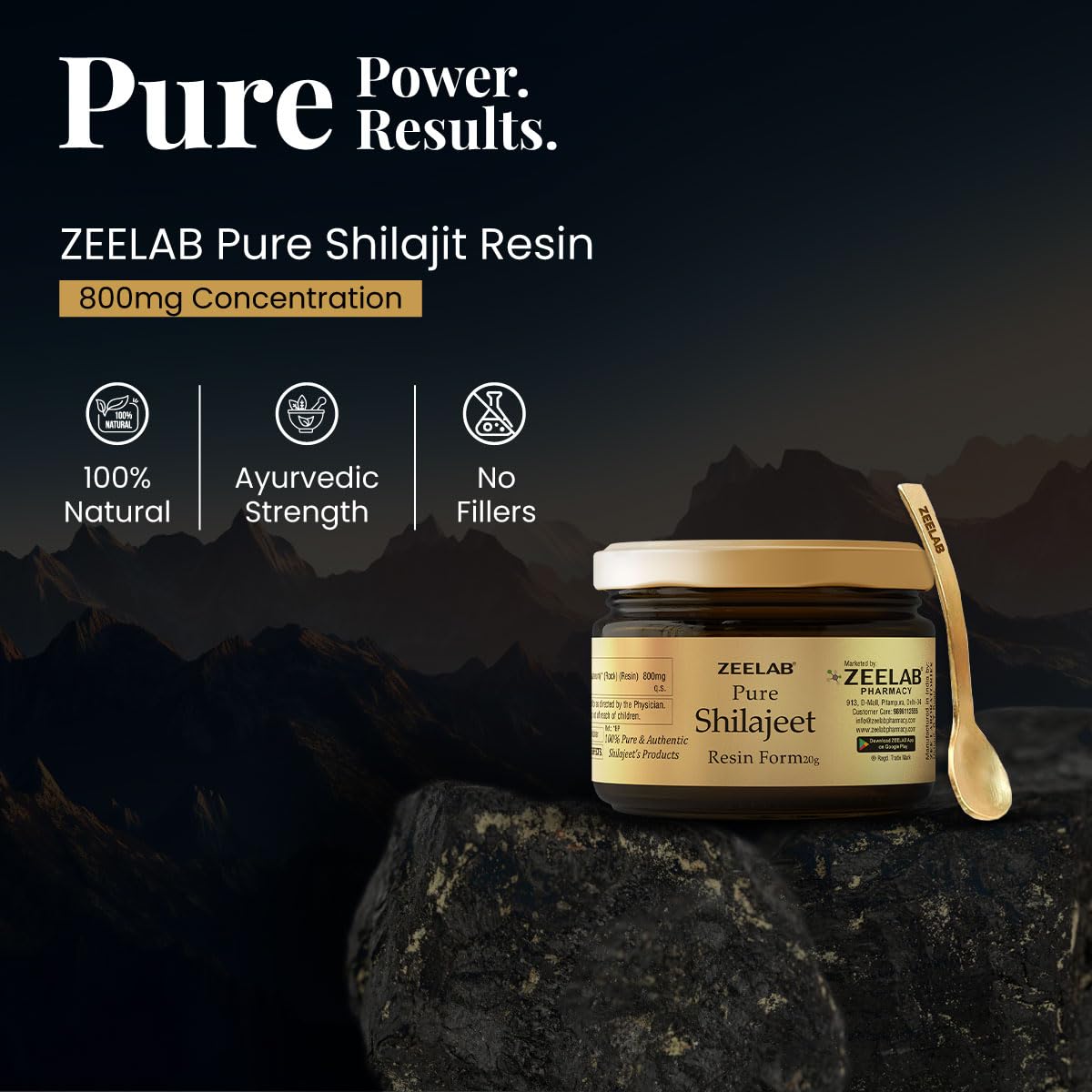 ZEELAB Pure Shilajit Resin packaging with mountainous background