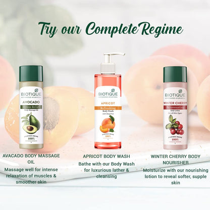Biotique skincare products including Avocado Body Massage Oil, Apricot Body Wash, and Winter Cherry Body Nourisher with product details on a light background.