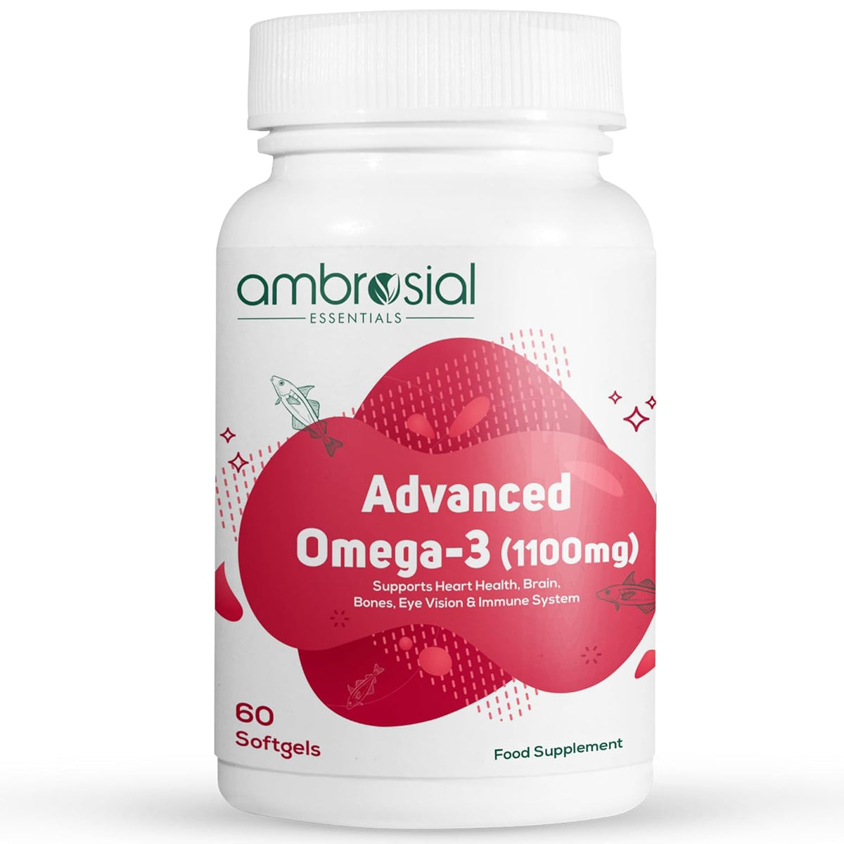 White supplement bottle labeled 'Ambrosial Essentials Advanced Omega-3' on a white background