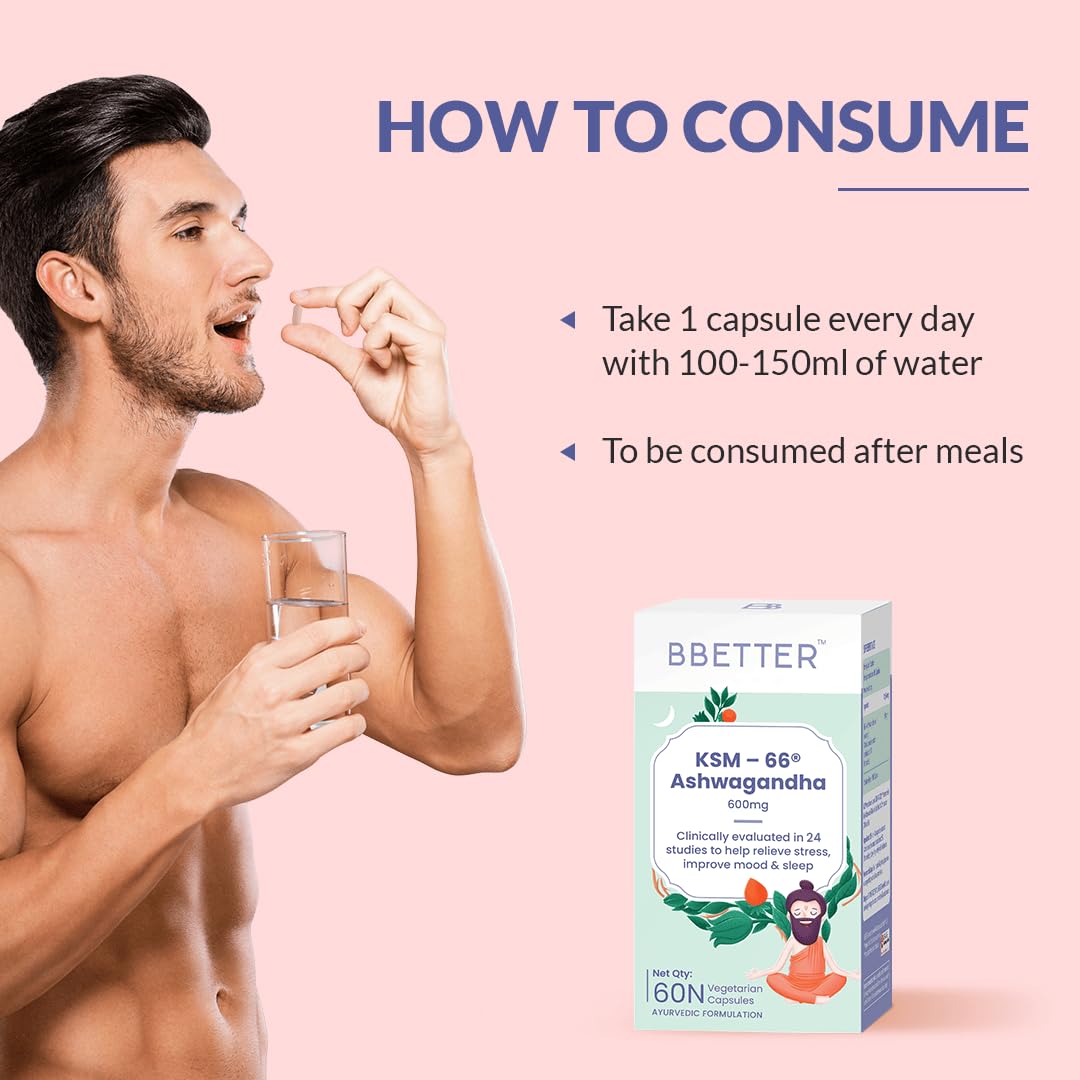 BBETTER Ashwagandha KSM 66 Capsules 600mg | Lab Tested | Lab Report Attached | Ashvagandha Tablet For Stress, Sleep Management & Anxiety Relief | Rejuvenates Mind & Body | 60 Veg aswagandha Capsules