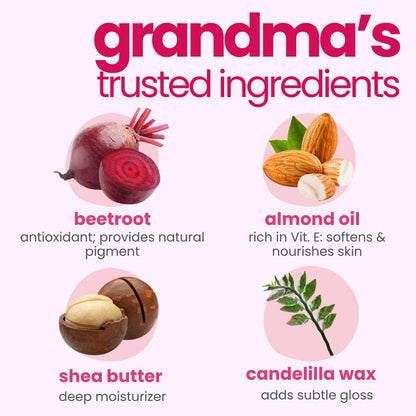 Illustration of 'grandma's trusted ingredients' with beetroot, almond oil, shea butter, and candelilla wax on a light pink background.