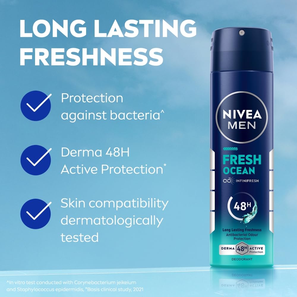 NIVEA Men Fresh Ocean Deodorant Spray, 150ml | 48 H Active Odour Protection | Fresh Long Lasting Deo for men | Fights Odour causing bacteria | Aqua and Sandalwood | 150ml