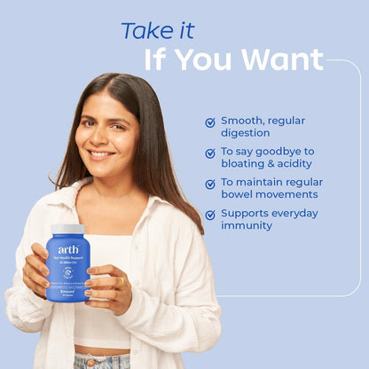 Arth Gut Health Supplement | Prebiotic & Probiotic Blend with 60 Billion CFU | 11 Probiotic Strains & 150mg Inulin | Supports Digestive Health, Bowel Regularity & Immunity | Reduces Bloating, Gas & Indigestion | For Men & Women | 30 Veg Capsules