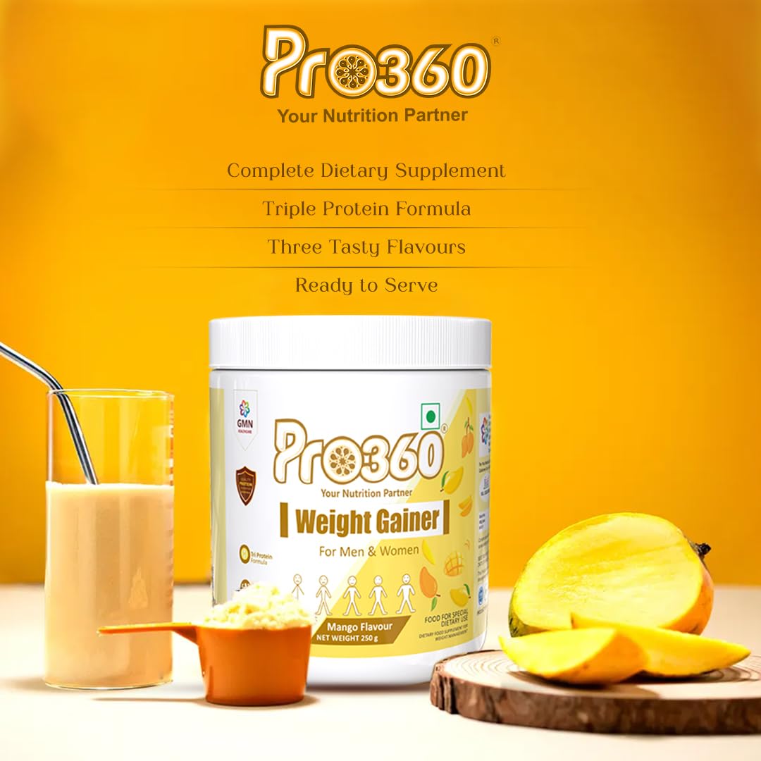 Pro360 Weight Gainer High Protein Powder - Calorie Rich Complete Nutritional Supplement - Triple Protein Source with 25 Vital Nutrients for Men & Women - 250G (Mango)
