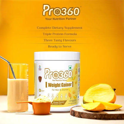 Pro360 Weight Gainer High Protein Powder - Calorie Rich Complete Nutritional Supplement - Triple Protein Source with 25 Vital Nutrients for Men & Women - 250G (Mango)