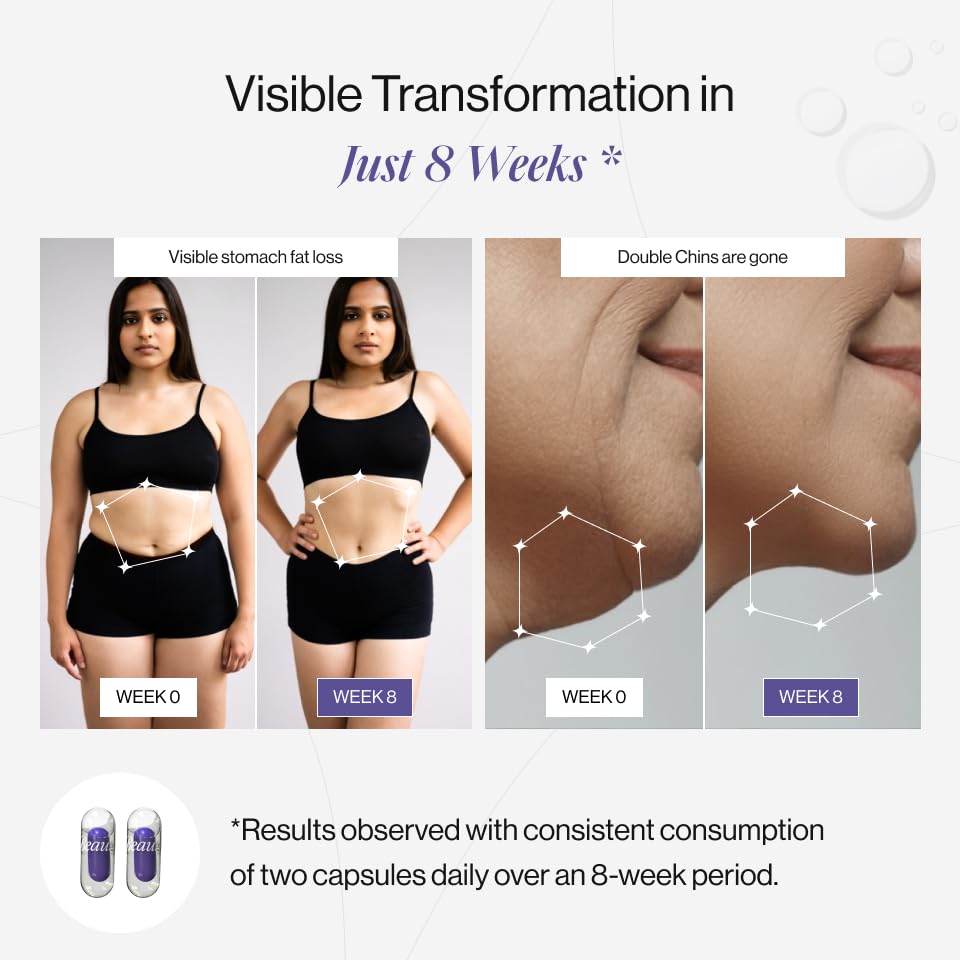 Before and after transformation of a person's body with visible fat loss and double chin reduction over 8 weeks, using a product or supplement.
