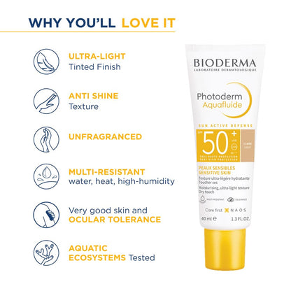 Bioderma sunscreen tube with features listed on a white background