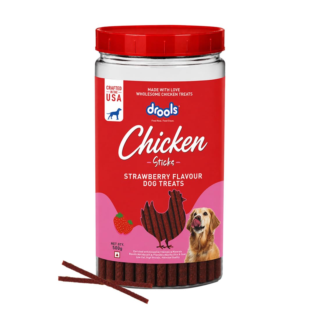 Drools Dog Treat Sticks with Chicken & Strawberry Flavor, Nutritious Chew Treats for All Breeds, 500g