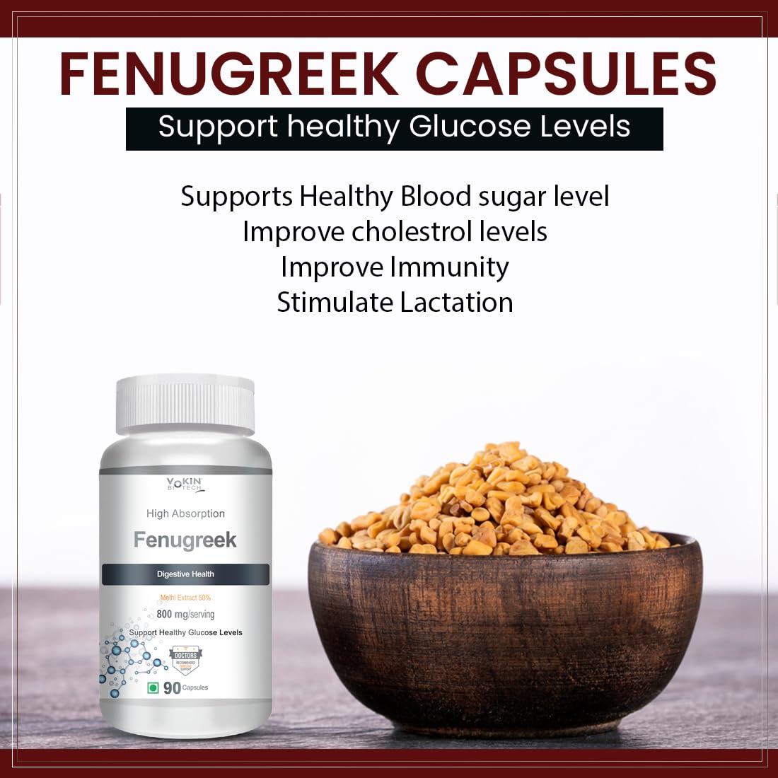 Fenugreek capsules with a bowl of fenugreek seeds on a wooden surface, highlighting health benefits.