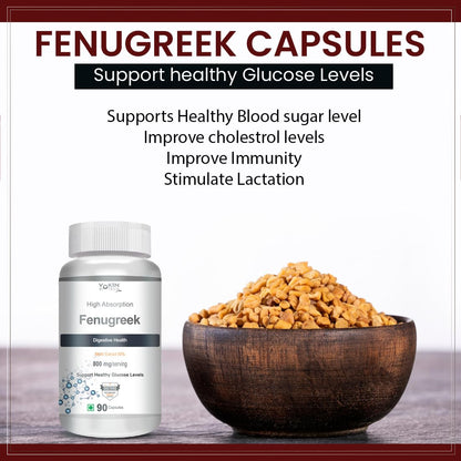 Fenugreek capsules with a bowl of fenugreek seeds on a wooden surface, highlighting health benefits.