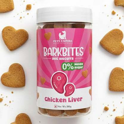 PETS EMPIRE BARKBITES Chicken Liver Biscuit Jar for Dogs 350g – Healthy Dog Treats with No Maida, No Sugar, No Salt – Crunchy & Nutritious Biscuits for Training and Rewards