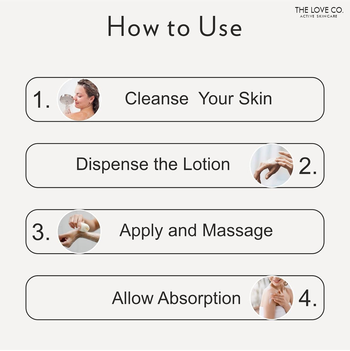 Step-by-step guide on how to use skincare lotion with icons and text.