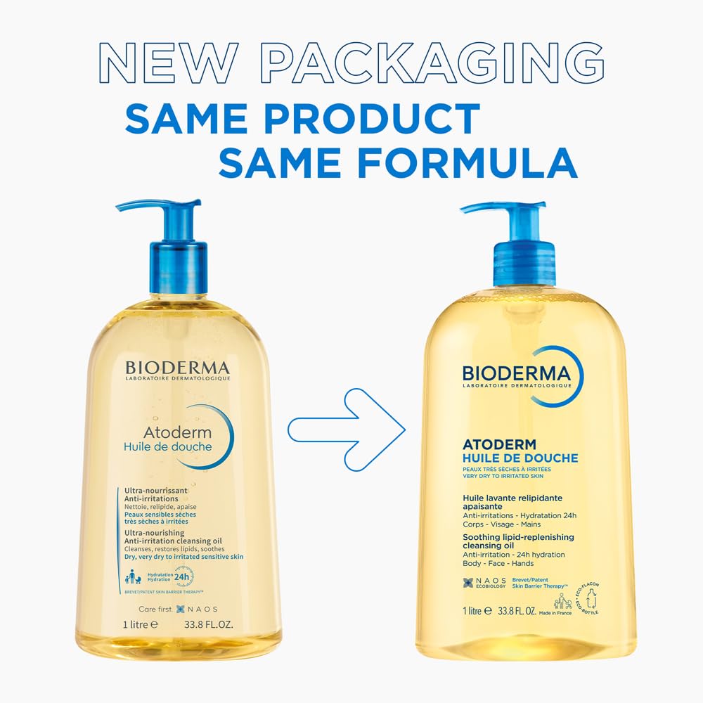 Bioderma Atoderm shower gel bottles with text indicating new packaging and same product, same formula.
