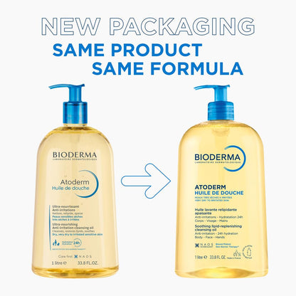 Bioderma Atoderm shower gel bottles with text indicating new packaging and same product, same formula.