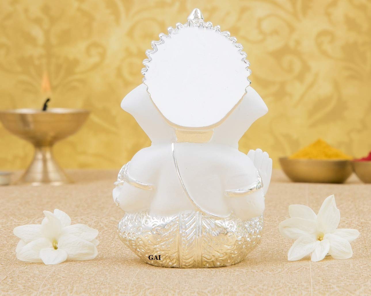 Gold Art India Silver Plated White Ganesha for Car Dashboard Home Decor Gifting Diwali Birthday Festivals 3.5 x 2 Inches