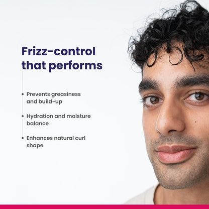 Man with curly hair and text about frizz-control product benefits on a white background