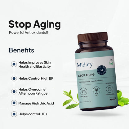 Zephivo Miduty Stop Aging Powerful Antioxidant Formula to Slow Down Aging, Anti Aging Supplement for Youthful Skin - Anti Aging Capsules, Resveratrol Active Ingredient - Pack of 60