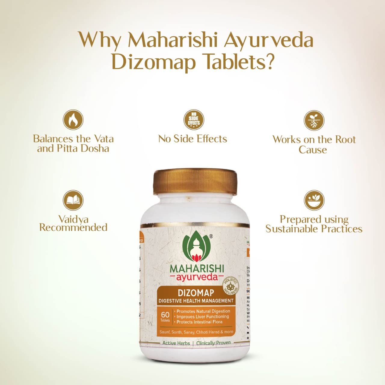 Zephivo Maharishi Ayurveda Dizomap, Ayurvedic Tablet Medicine For Indigestion & Constipation, Improves Liver Functioning & Intestinal Flora, Saunf, Sonth, Sanay & Chhoti Harad, 60 Tablets
