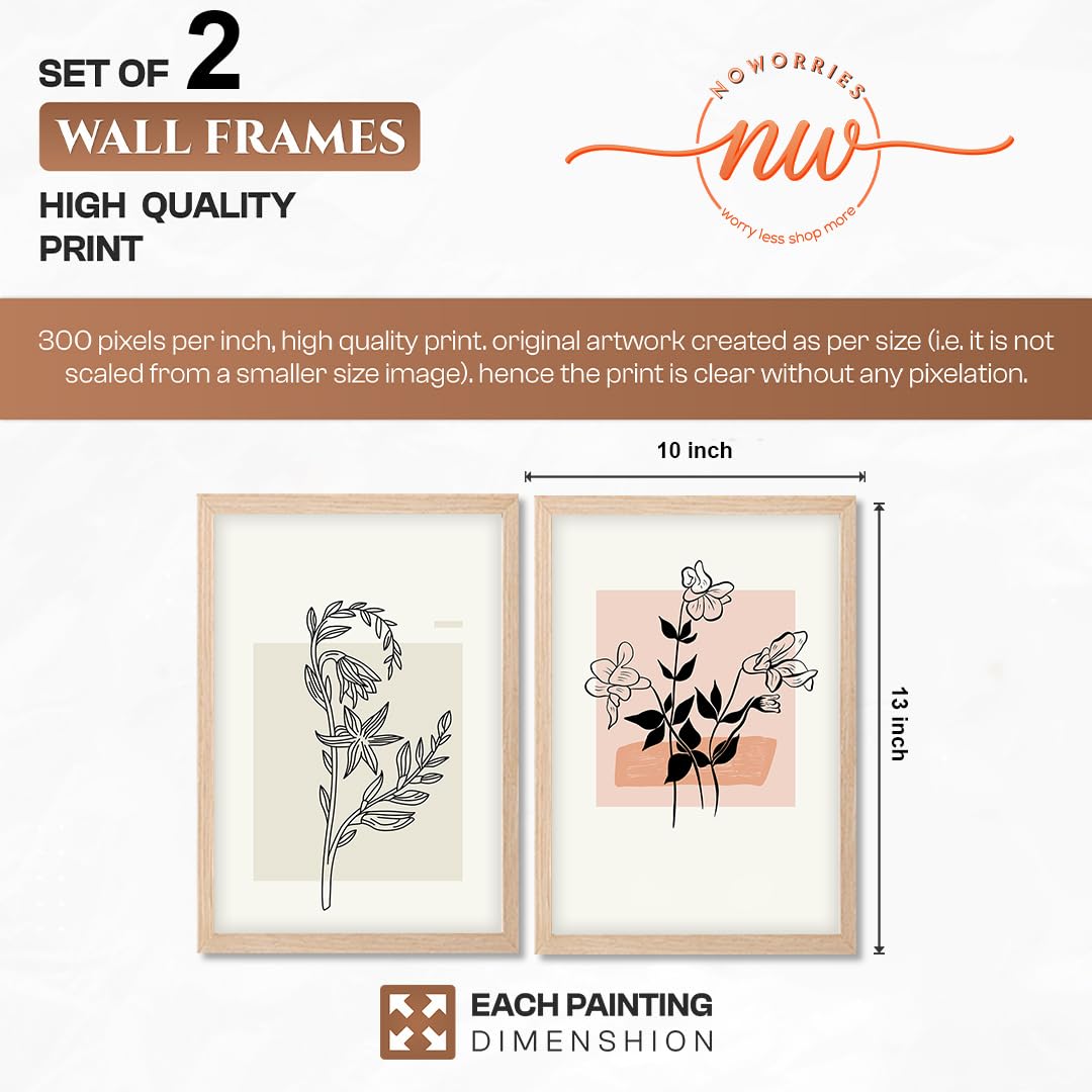 Minimalist Line Art Floral Wall Art Frames Painting Set of 2 | Modern Abstract Botanical Framed Posters Artwork | Neutral Beige Aesthetic Scandinavian Home Decor Frames for Living Room, Bedroom and Office (Ready to Hang) (Natural, Art-19, 10x13inch)