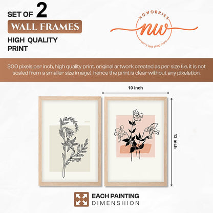 Minimalist Line Art Floral Wall Art Frames Painting Set of 2 | Modern Abstract Botanical Framed Posters Artwork | Neutral Beige Aesthetic Scandinavian Home Decor Frames for Living Room, Bedroom and Office (Ready to Hang) (Natural, Art-19, 10x13inch)