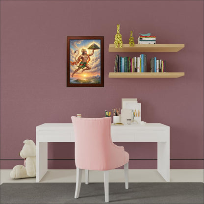 Hanuman Carrying the Sanjeevani Mountain Wall Art | Brown Frame | 10 x 13.5 Inch