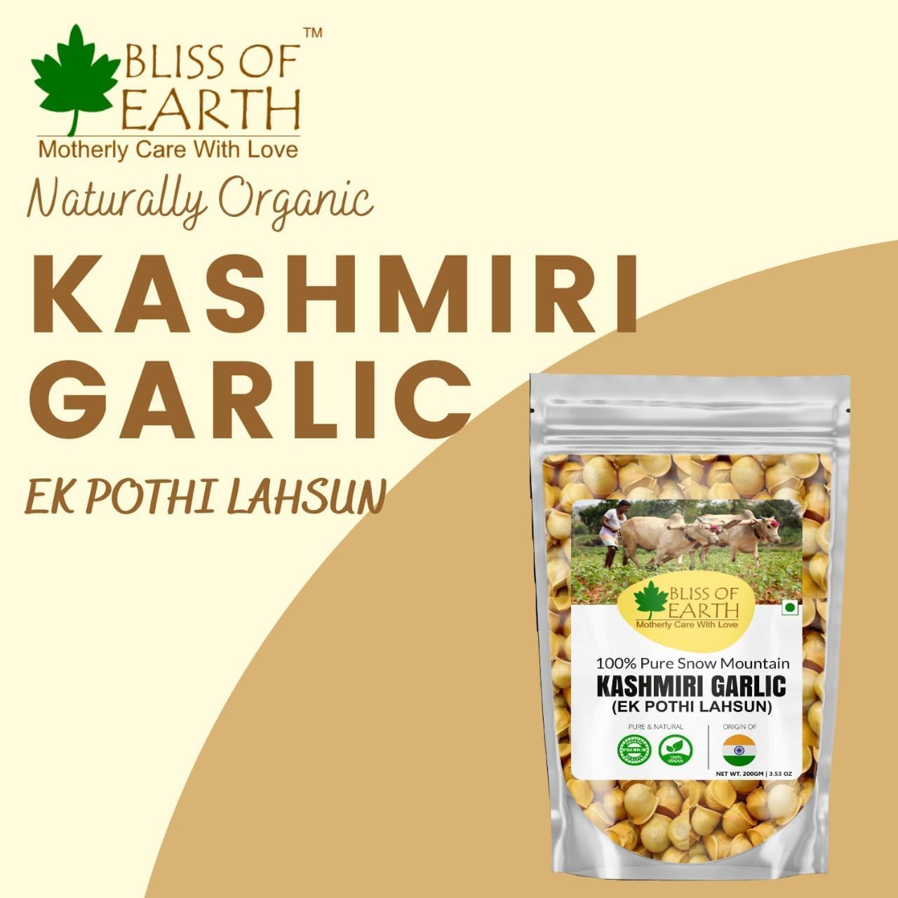 Bliss of Earth Naturally Organic Kashmiri Garlic From Indian Himalayas, Single Clove, Kashmiri Lahsun Ek Pothi, Snow Mountain Garlic- (200 gm)