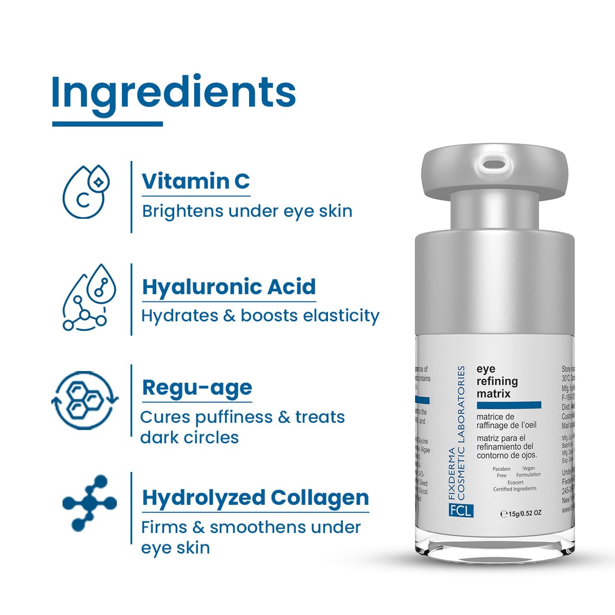 FCL Eye Refining Matrix Under Eye Gel For Dark Circles, Puffiness & Fine Lines with Vitamin C & Hyaluronic Acid | Eye Serum for Dark Circles | For Women & Men Skin Care - 15 gm