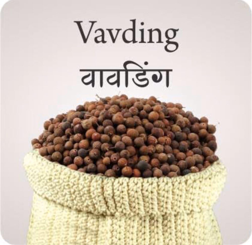 Pile of Vavding spices in a sack with text above on a light gray background