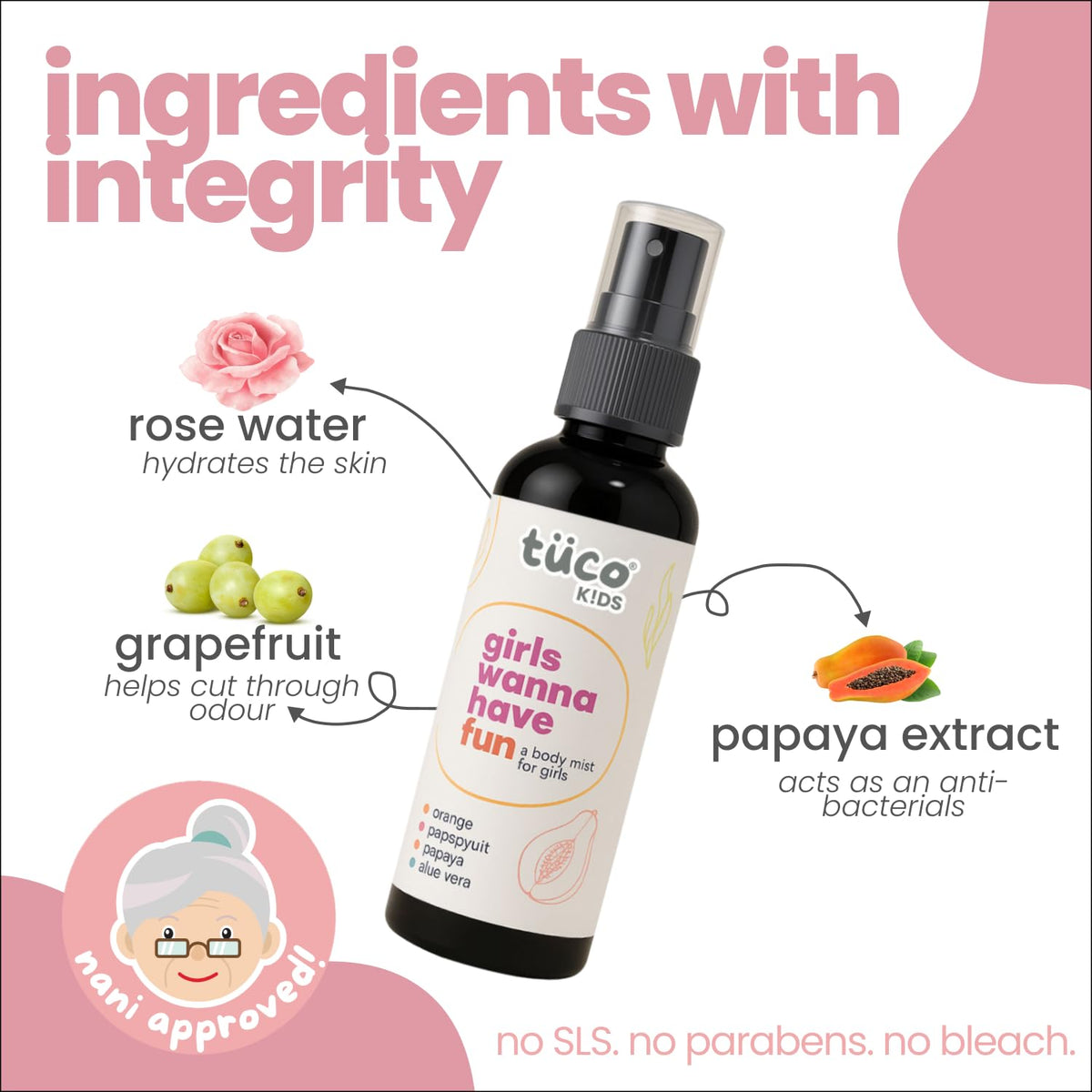TöÜo Kids body mist bottle with ingredients listed on a white background