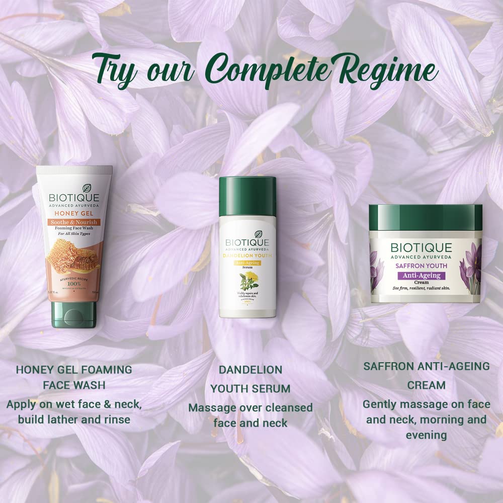 Biotique skincare products on a floral background with product descriptions.